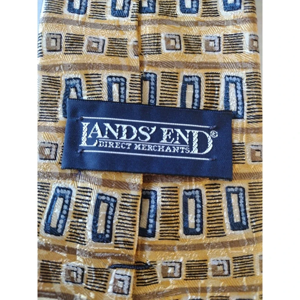 Lands End Neckware Tie‎ Man's Gold Blue Geometric 100% Silk Hand Sewn